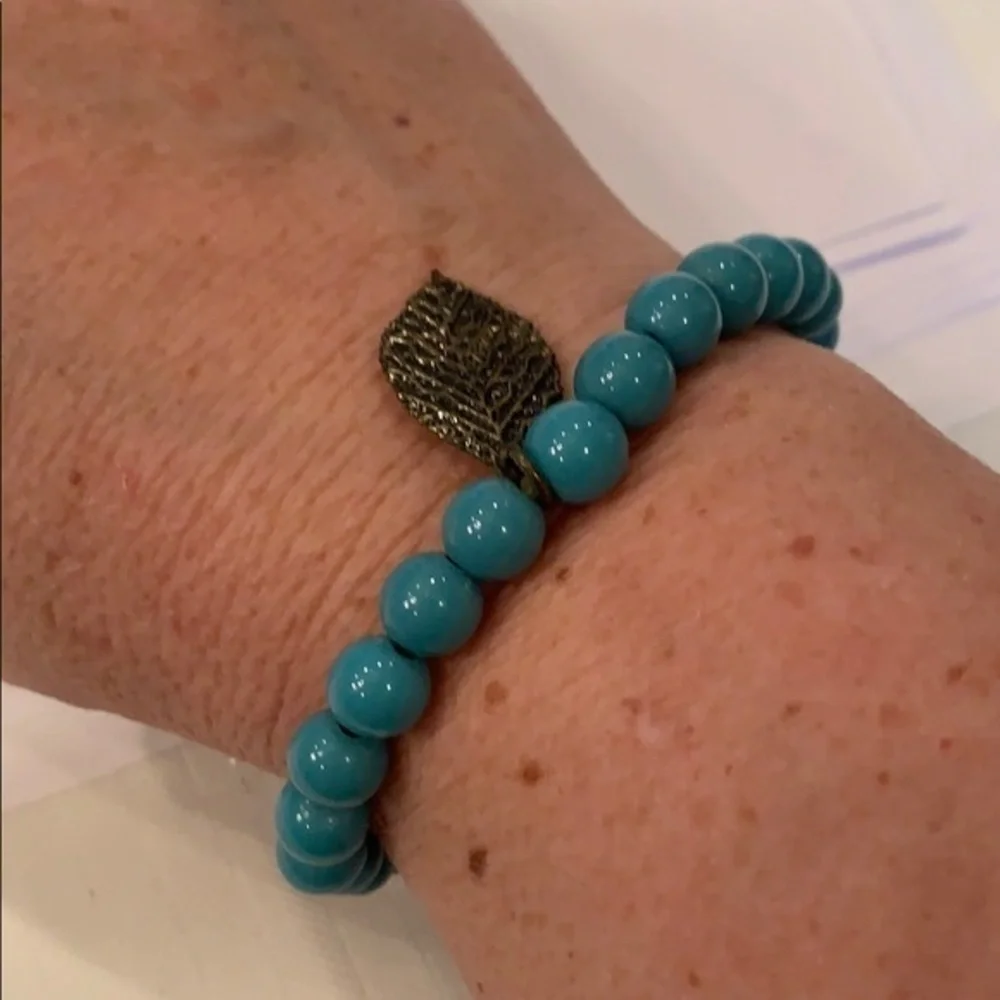 💐5/25 gold leaf turquoise acrylic beads stretch